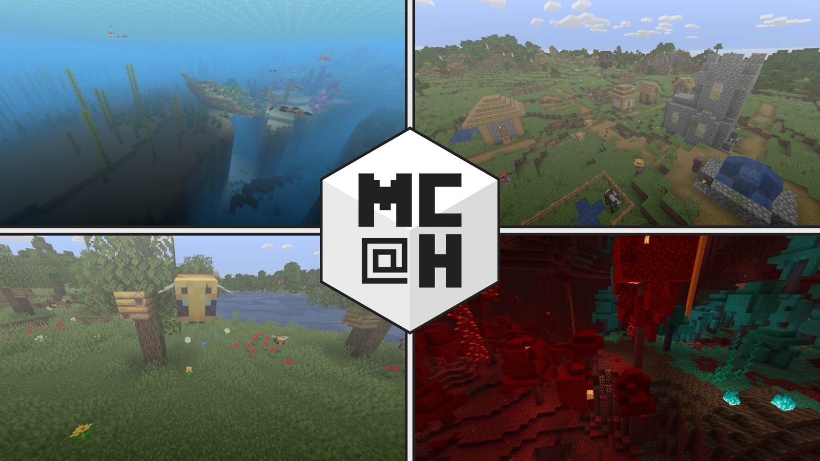A collage of all the four 1.13-1.16 panoramas with the Minecraft@Home logo in the middle
