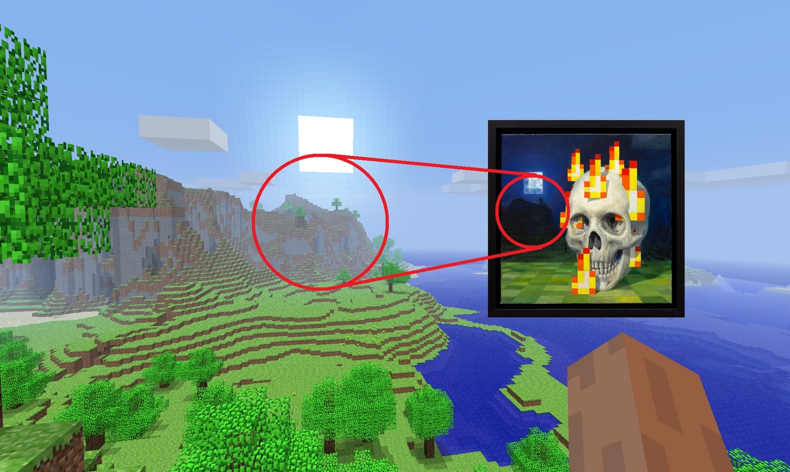 The Skull on Fire painting on top of the actual world for the painting with the mountain in the distance