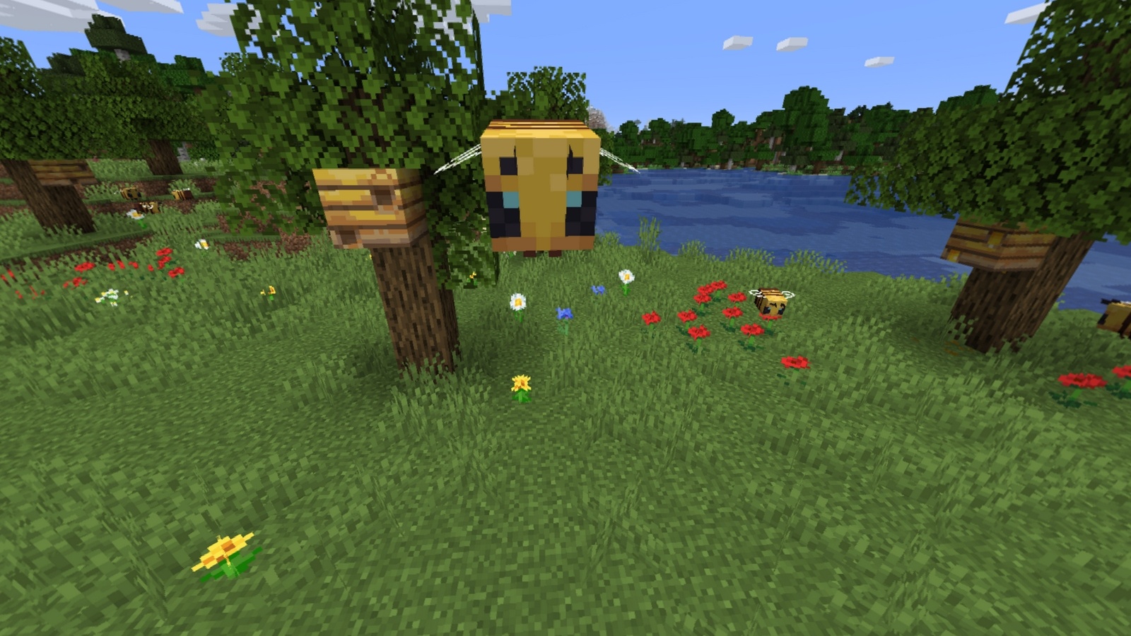 The 1.15 panorama with a bee next to some plains trees with beehives and flowers