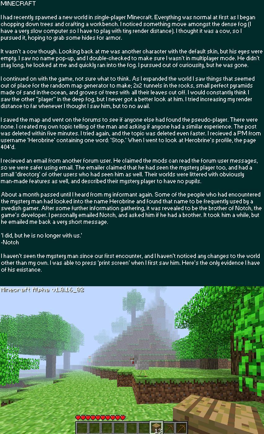 The Herobrine creepypasta image showing herobrine in the fog next to a hill with the whole story