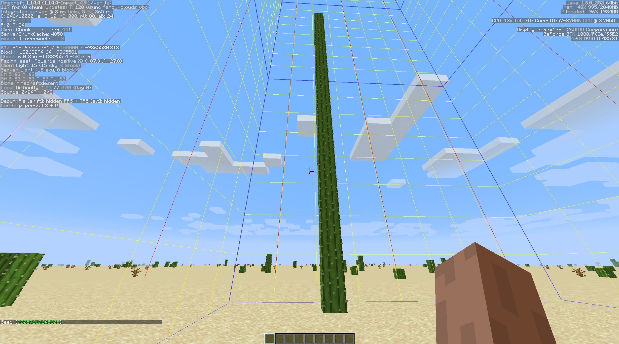 A tall cactus in a flat world desert with F3 coordinates and seed