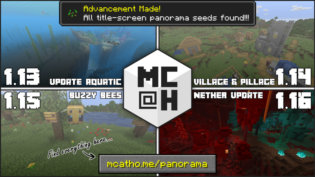 A collage of all the four 1.13-1.16 panoramas with 'Advancement made' at the top and the Minecraft@Home logo in the middle