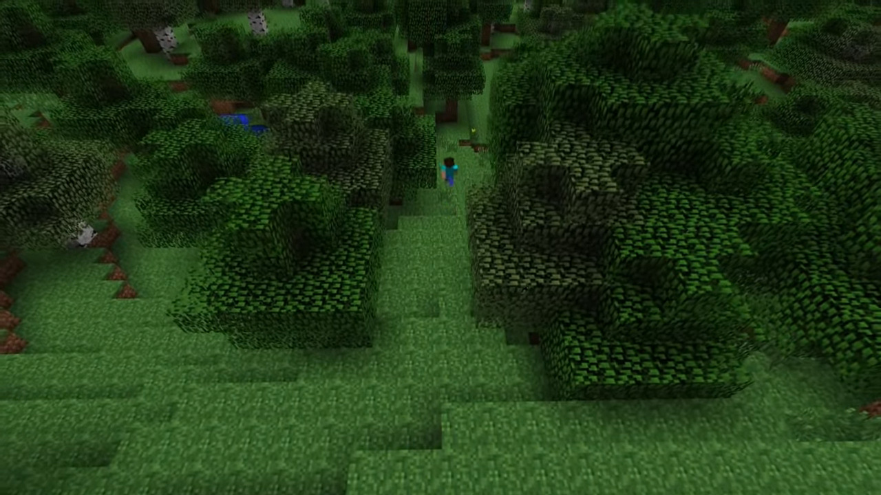 Steve running through a forest, from the Official Minecraft trailer