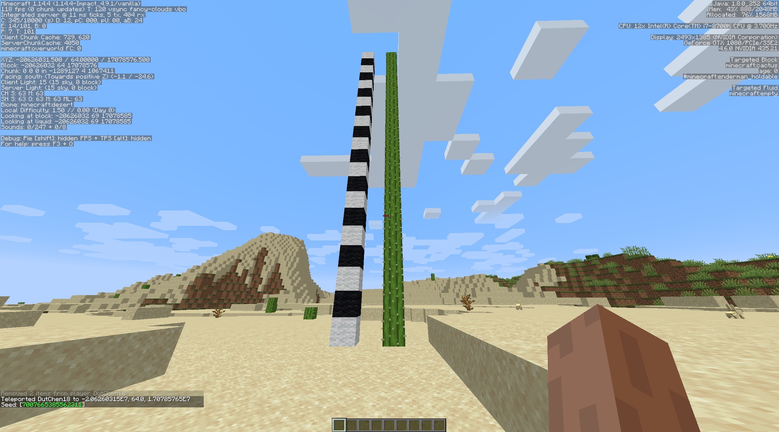 A 21 block tall cactus in a desert with F3 coordinates and seed