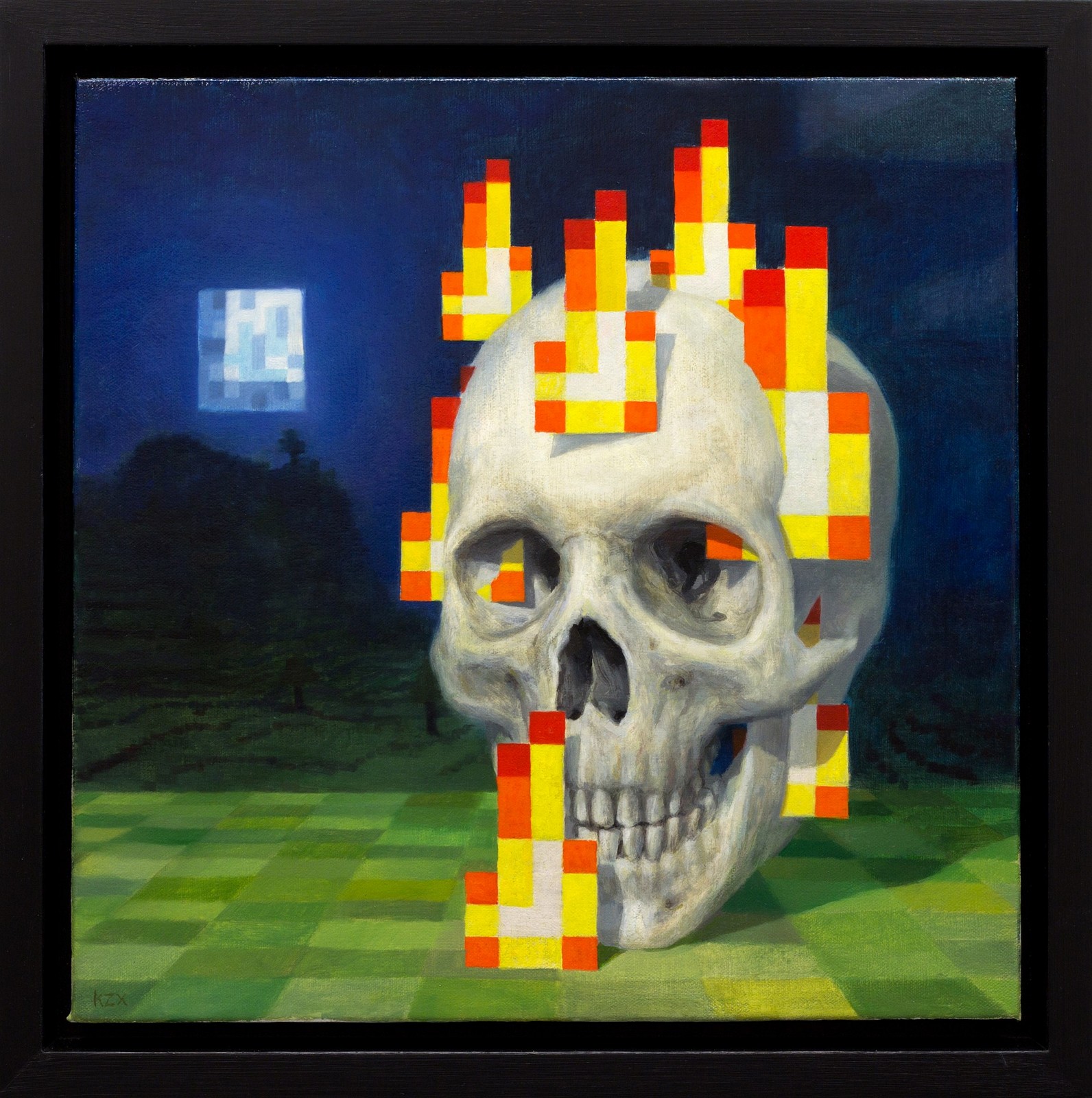 High resolution version of the Skull on Fire painting. A skull with some fire particles inside of a Minecraft world with a mountain in the background