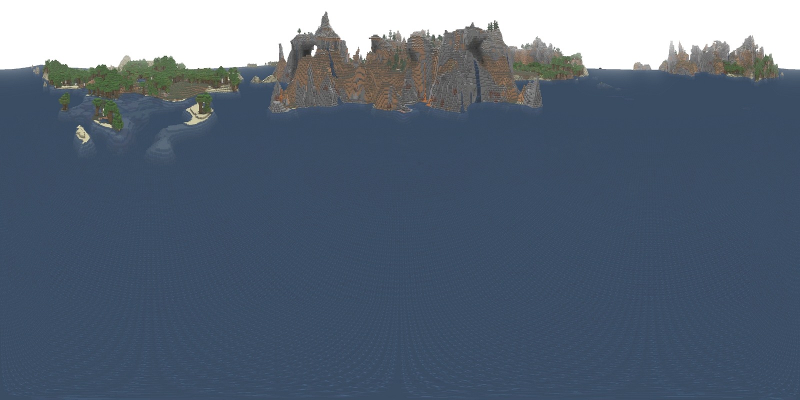 Panorama in daylight of a huge ocean with a tall mountain and a dark oak forest in the distance
